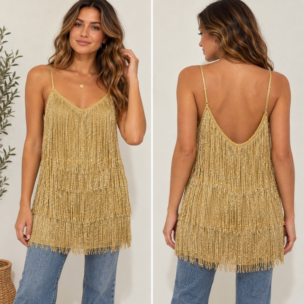Gold Metallic Fringe Tiered Long Cami Top Size L‎ Concert Festival Vegas Flapper